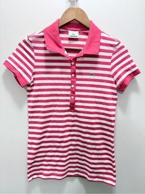 Lacoste Pink and White Striped Polo Top Size 38 or 26x17